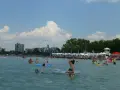 Słoneczna balaton plaża tętni życiem. Ludzie kąpią się, pływają na materacach i odpoczywają pod parasolami. W tle widać diabelski młyn.