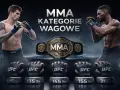 Dwóch zawodników MMA w pozycjach bojowych, pas mistrzowski UFC i rękawice z wagami: 125, 135, 145, 155, 265 lbs.