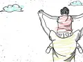 Un niño en hombros de su padre, un tierno dibujo para el día del padre, con nubes y salpicaduras.