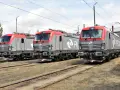 Trzy nowoczesne lokomotywy PKP Cargo stojące na torach kolejowych.
