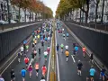 Stor grupp löpare i en stadsgata, många deltagare som springer maraton.