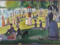 Niedzielne popołudnie na wyspie Grande Jatte. Ludzie odpoczywają nad wodą, bawią się psy, żagle łodzi kołyszą się na falach.