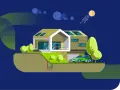 Casa moderna con pannelli solari, auto elettrica e sistema geotermico. L'efficientamento energetico significato in un'immagine.