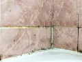 Mörk mögelväxt längs fogarna på rosa kakel i ett badrum, ett tydligt tecken på fuktskada.