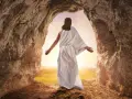 Jesus, who did Jesus raise from the dead? He rose himself, emerging from a cave into the light, a symbol of resurrection and hope.