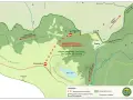 Mapa Karkonoszy z zaznaczonymi szlakami. Zamknięty odcinek szlaku z powodu remontu, proponowane obejście zielonym szlakiem.