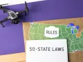 A drone sits near a map of the US with "RULES" and "50-STATE LAWS" labels, hinting at the complexity of Utah drone laws and regulations across the country.