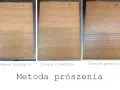 Trzy próbki drewna pokazujące efekt bejcowania drewna metodą prószenia po pierwszym, drugim i trzecim przejściu.
