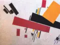 Abstrakcja geometryczna w stylu konstruktywizmu: czerwone, czarne i żółte prostokąty oraz linie na jasnym tle.