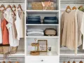A well-organized closet with hanging clothes, folded jeans, sweaters, and decorative baskets. This DIY closet organizer maximizes space and style.
