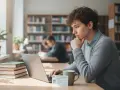 Młody student z legitymacją studencką, korzystający z laptopa w bibliotece. Nawet po 26 roku życia, zniżka studencka PKP może być pomocna.