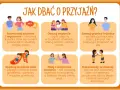 Ilustracja pokazuje, jak dbać o przyjaźń: rozmawiać szczerze, okazywać wsparcie, szanować różnice, spędzać czas, budować zaufanie i wybaczać. To ważne dla każdego dnia przyjaciela.