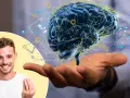 Lecytyna na co? Wsparcie dla mózgu i lepsza pamięć. Uśmiechnięty mężczyzna i wizualizacja sieci neuronowej.