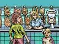 Komiks przedstawia scenę w sklepie mięsnym. Klientka rozmawia ze sprzedawczynią, a chłopiec czyta gazetę "Świat Młodych".