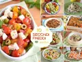Collage di 10 secondi freddi estivi: insalate colorate, caprese, lenticchie, pollo e altro ancora. Perfetti per l'estate!