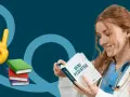 Giovane dottoressa studia "Il Mini Pediatra", forse per capire quanto guadagna un medico privato.
