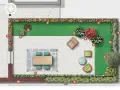 Un terrazzo sul tetto con prato, aiuole fiorite, mobili da esterno e un tavolo da pranzo.
