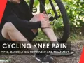 Cyclist holding sore knee, questioning if cycling reduces knee swelling. Text discusses cycling knee pain causes and treatment.