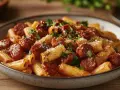 Macarrones con chorizo en salsa roja, espolvoreados con queso rallado y perejil.