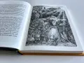 Ilustracja z książki: dziwny ogród z potworami i staruszką podlewającą rośliny. Może to serce żyrafy?