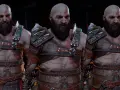Kratos, el dios de la guerra, listo para el Ragnarok. Su armadura de cuero y metal, con detalles en verde, resalta su imponente figura.
