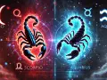 Dwa skorpiony, jeden w czerwonej poświacie z napisem SCORPIO, drugi w niebieskiej z napisem AQUARIUS. Wodnik i skorpion w kosmicznej oprawie.