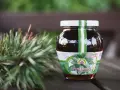 Słoik syropu z sosny, obok gałązka iglaków. Na etykiecie widnieje napis "Pine-Cone Elixir", sugerujący naturalne pochodzenie i potencjalne zastosowanie.