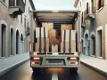 Un furgone carico di scatoloni, pronto per la consegna, percorre una strada di ciottoli. Un'immagine che evoca il trasporto e la logistica, in linea con l'art. 164 CDS.