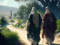 Zwei Männer, die an die Auferstehung Christi denken, wandern auf einem staubigen Weg durch eine sonnige Landschaft.