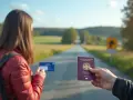 Podróż do Szwecji? Czy do Szwecji potrzebny jest paszport? Kobieta z plecakiem trzyma kartę, a ręka pokazuje paszport na tle drogi.