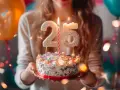 Urodzinowy tort z cyframi 25 i płonącą świeczką, otoczony balonami i konfetti. Idealne życzenia na 25 urodziny!