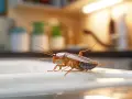 Una cucaracha en una superficie blanca, quizás huyendo del amoniaco.