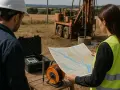 Ingenieros revisan mapa y equipo para saber como legalizar un pozo ya hecho. En el fondo, una máquina perforadora.