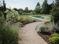 Une allée de jardin originale serpente vers une piscine, bordée de lavande, de fleurs blanches et d'arbustes verts.