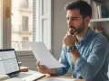 Hombre revisa documentos, consultando su portátil con datos financieros. Podría estar verificando su vat number españa para trámites.