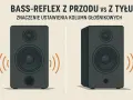 Dwa głośniki: jeden z bass-reflex z przodu, drugi z tyłu. Ilustracja pokazuje znaczenie ustawienia kolumn głośnikowych.