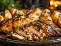 Délicieux poulet en sauce, grillé et tranché, servi avec des pommes de terre rôties et des quartiers de citron. Une recette parfaite pour un repas savoureux.