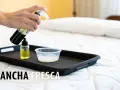 Mano rociando limpiador sobre una bandeja con líquidos para limpiar colchon.