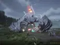 Un colosal dragón de piedra ataca en Chrono Odyssey. Guerreros luchan contra la bestia en un campo abierto, rodeados de magia y explosiones.