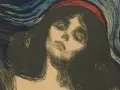 Intensywny portret kobiety z krwistoczerwonym nakryciem głowy, przypominający "Madonnę" Edvarda Muncha.