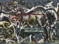 Œuvres d'art de Jackson Pollock : une toile abstraite aux éclaboussures de peinture noires, blanches, rouges et jaunes sur fond gris.