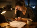 Zmartwiona kobieta sprawdza telefon przy biurku, szukając informacji, kiedy nie trzeba zgłaszać darowizny do urzędu skarbowego.