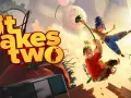 Dos personajes, un niño y una niña, se balancean en un diente de león. El título del juego, "It Takes Two", aparece en letras grandes.