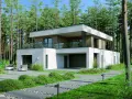Nowoczesny dom 200m2 w otoczeniu sosnowego lasu. Biała bryła z drewnianymi elementami, taras z przeszkloną balustradą i podjazd z kamiennymi płytami.
