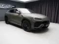 Matowy, zielony Lambo Urus z czarnymi felgami stoi w studiu.