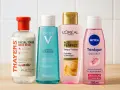 Quatre bouteilles de toniques pour le visage : Thayers, Vichy, L'Oréal et Nivea. Un tonique sert à rafraîchir et préparer la peau.