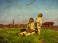Chłopi obrazy: starzec i chłopiec patrzą w niebo na ptaki. W tle wieś, stogi i krowy.