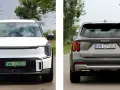 Biała Kia EV9 z przodu i szara Kia Sorento z tyłu, obie na drodze.