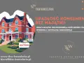 Ilustracja czerwonego domu z werandą i ogrodem, z tabliczką "AUCTION" na trawniku.