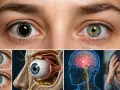 Occhi con la parte nera dell'occhio (pupilla) dilatata e contratta, anatomia oculare, cervello con emicrania e donna sofferente.